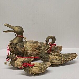 Duck Swan Decoy Folk Art Wood Cork Straw Corn Husk Reed Set Of 4 With Defect